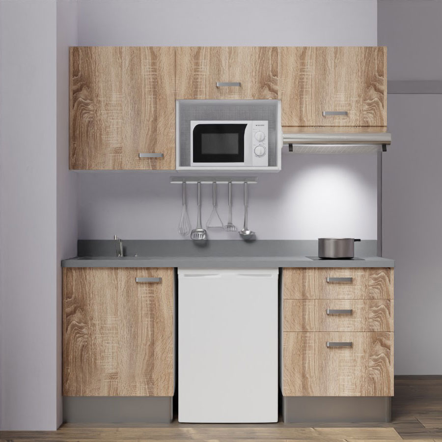 K20L : Kitchenette 180 cm Chêne, plan de travail monobloc évier à gauche Cromo