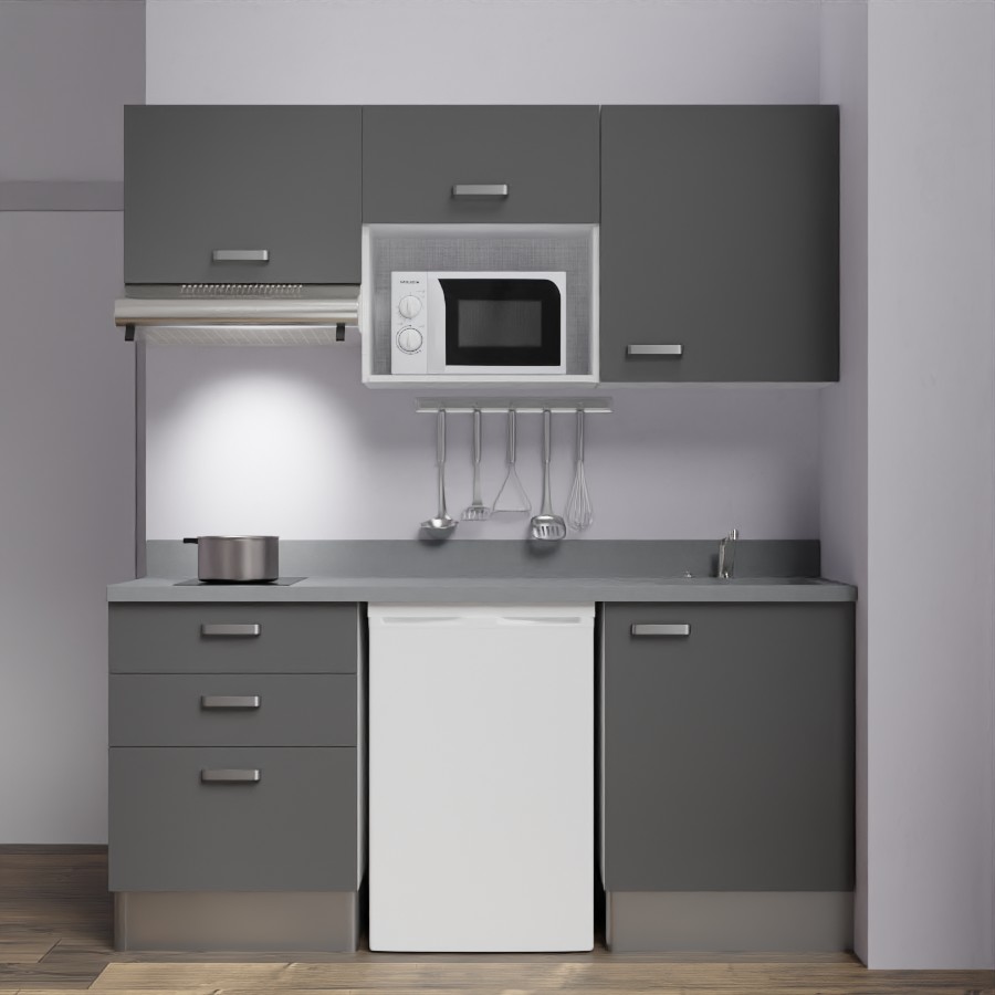 K20L : Kitchenette 180 cm Gris, plan de travail monobloc évier à droite Cromo