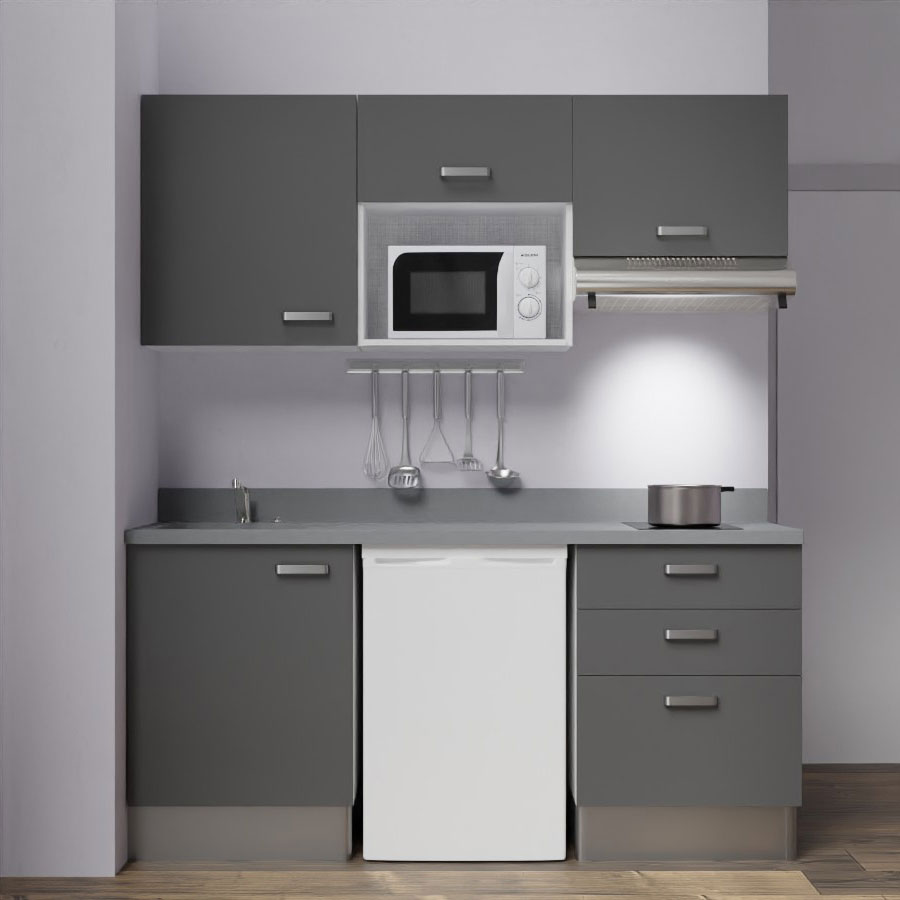 K20L : Kitchenette 180 cm Gris, plan de travail monobloc évier à gauche Cromo