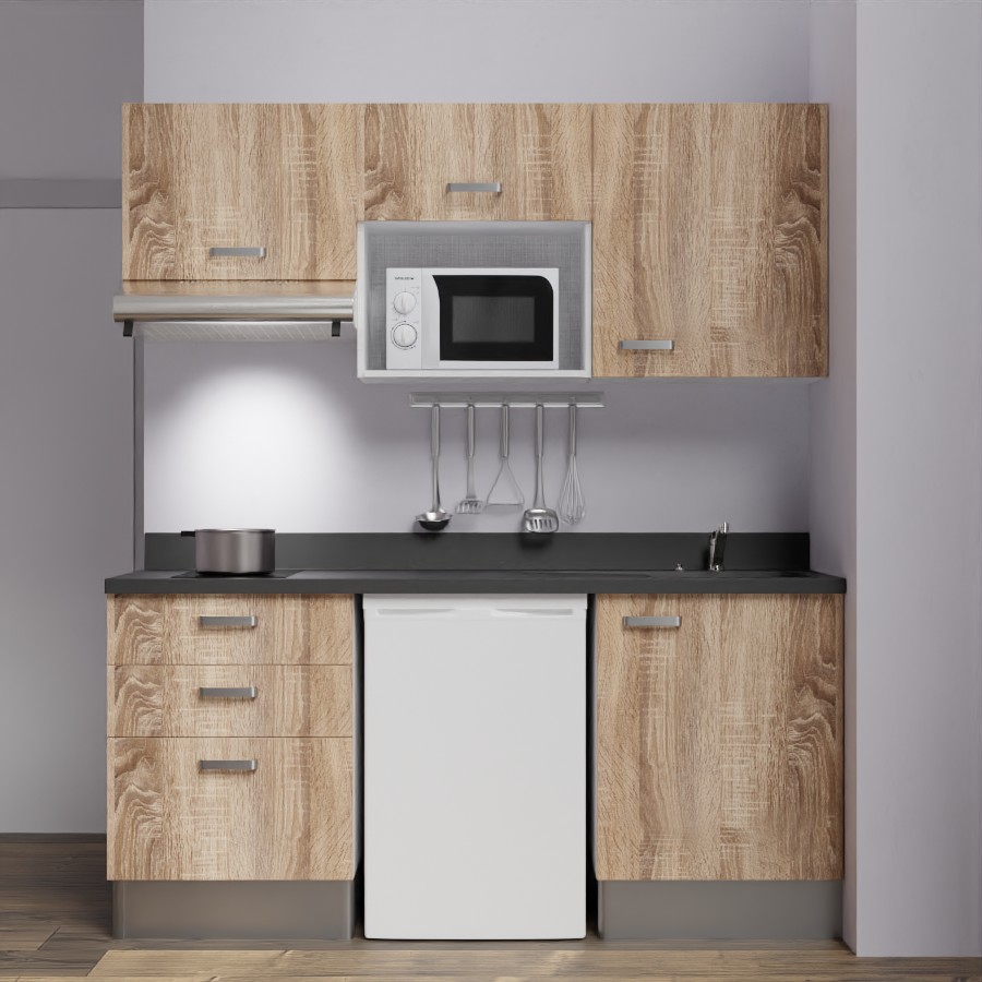 K20L : Kitchenette 180 cm Chêne, plan de travail monobloc évier à droite Nero