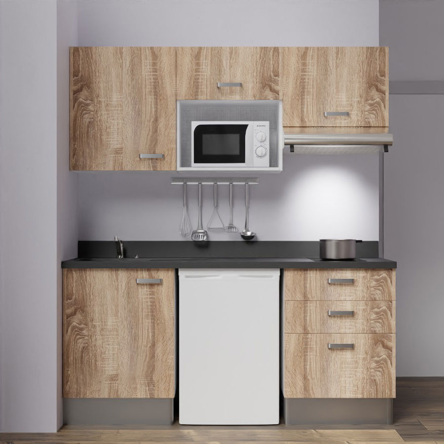 K20L : Kitchenette 180 cm Chêne, plan de travail monobloc évier à gauche Nero