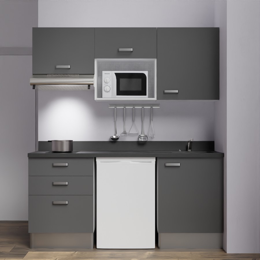 K20L : Kitchenette 180 cm Gris, plan de travail monobloc évier à droite Nero