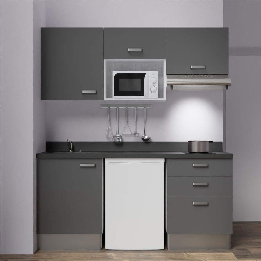 K20L : Kitchenette 180 cm Gris, plan de travail monobloc évier à gauche Nero