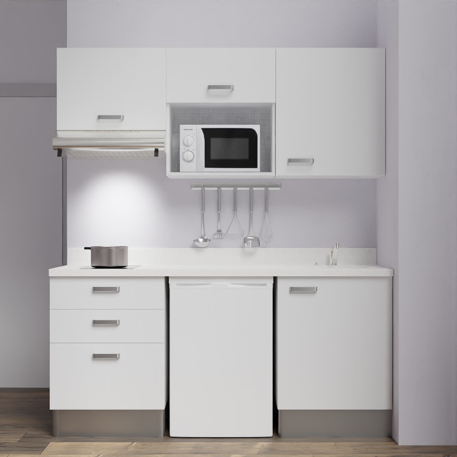 K20L : Kitchenette 180 cm Blanc, plan de travail monobloc évier à droite Snova