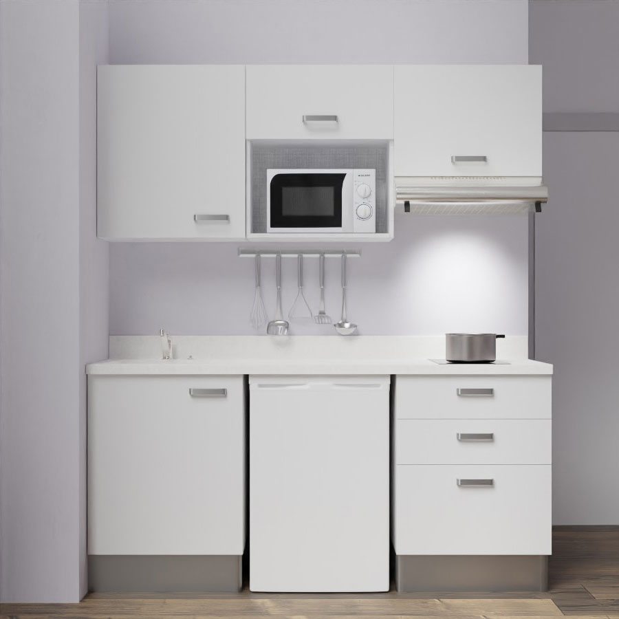 K20L : Kitchenette 180 cm Blanc, plan de travail monobloc évier à gauche Snova