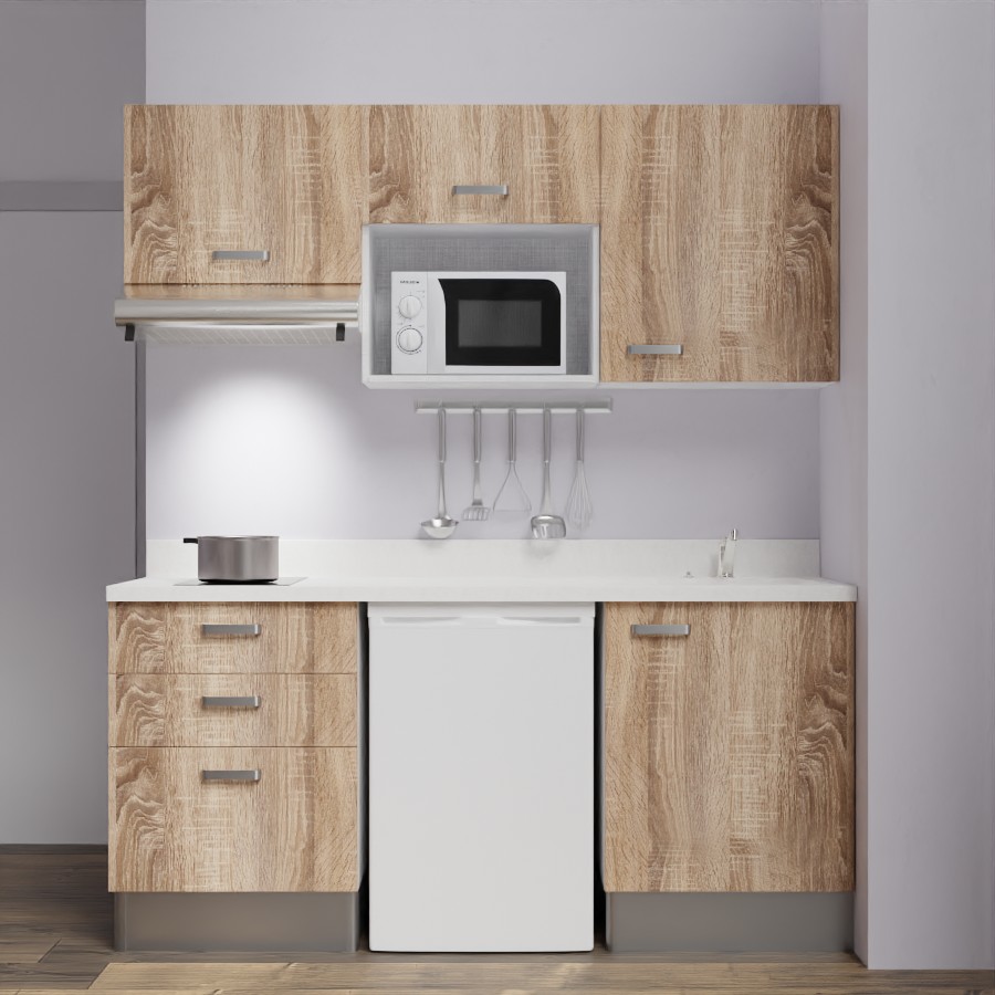 K20L : Kitchenette 180 cm Chêne, plan de travail monobloc évier à droite Snova