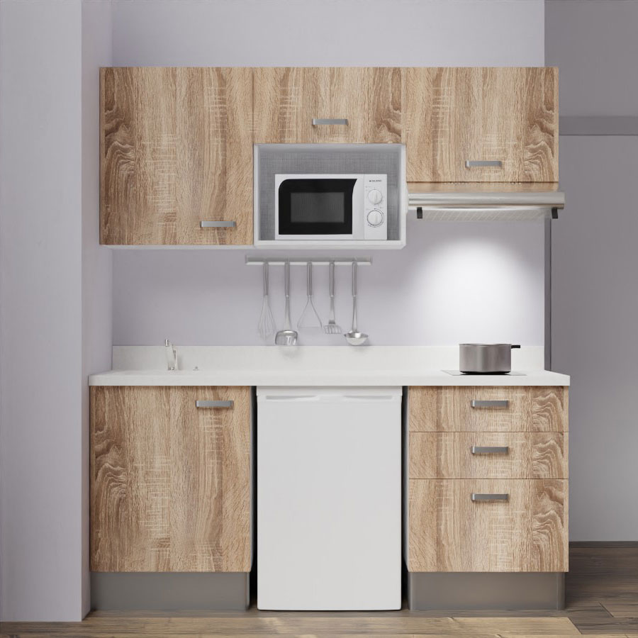 K20L : Kitchenette 180 cm Chêne, plan de travail monobloc évier à gauche Snova