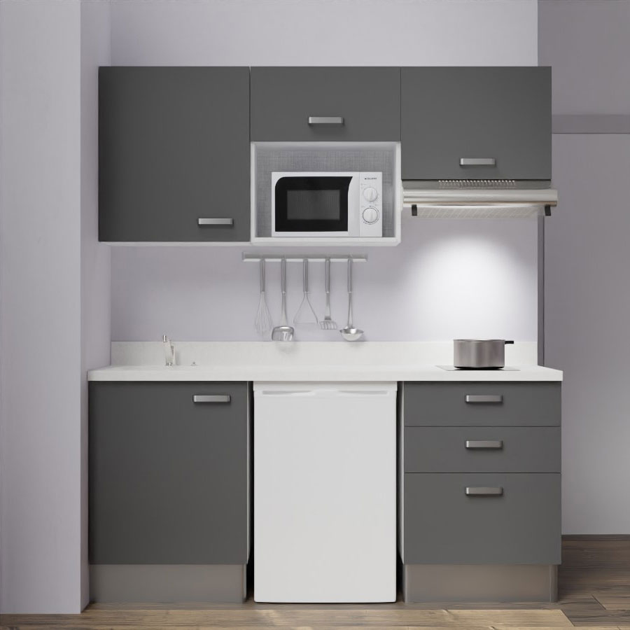 K20L : Kitchenette 180 cm Gris, plan de travail monobloc évier à gauche Snova