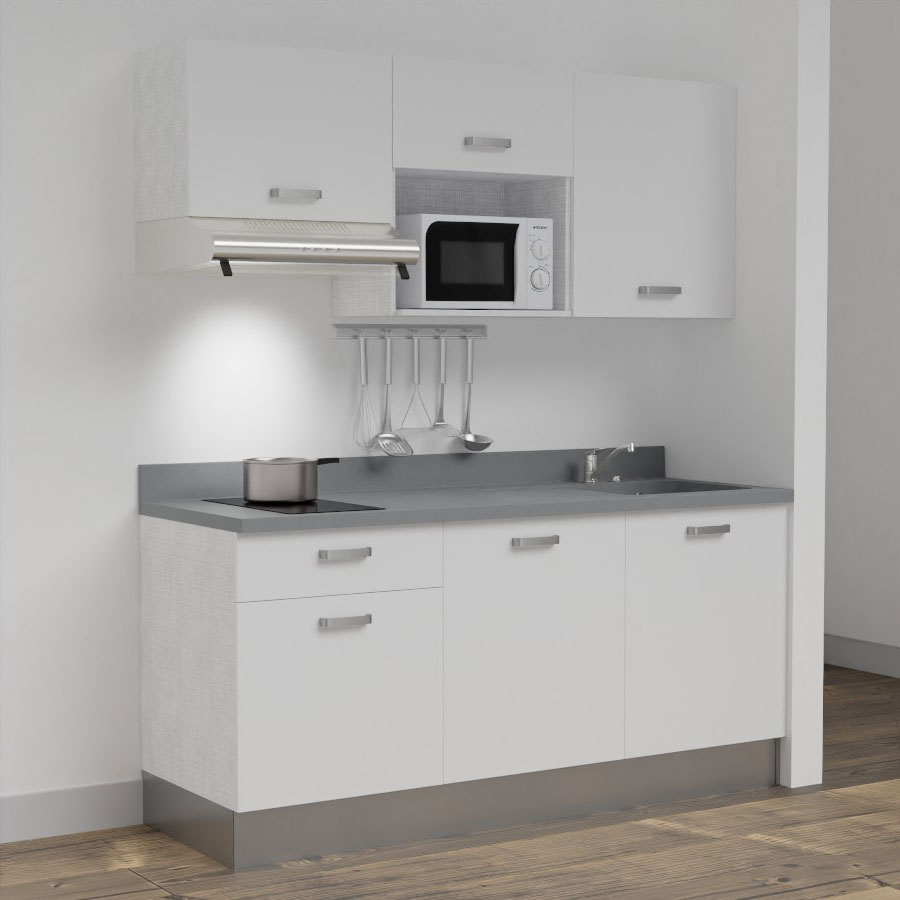 Kitchenette 180 cm K30 avec meubles blanc et plan monobloc évier à droite cromo