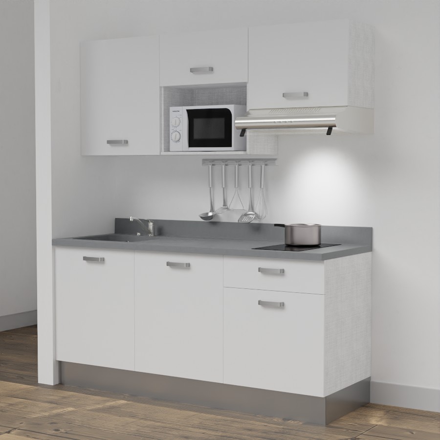 Kitchenette 180 cm K30 avec meubles blanc et plan monobloc évier à gauche cromo