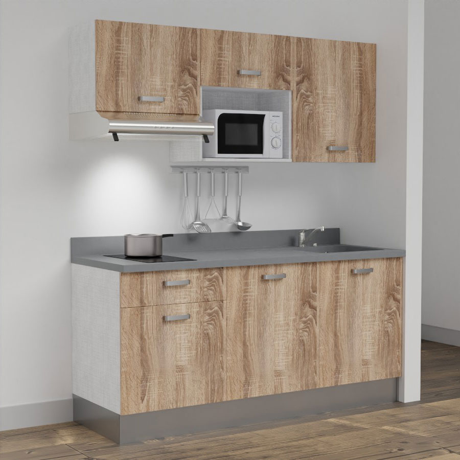 Kitchenette 180 cm K30 avec meubles coloris chêne et plan monobloc évier à droite cromo