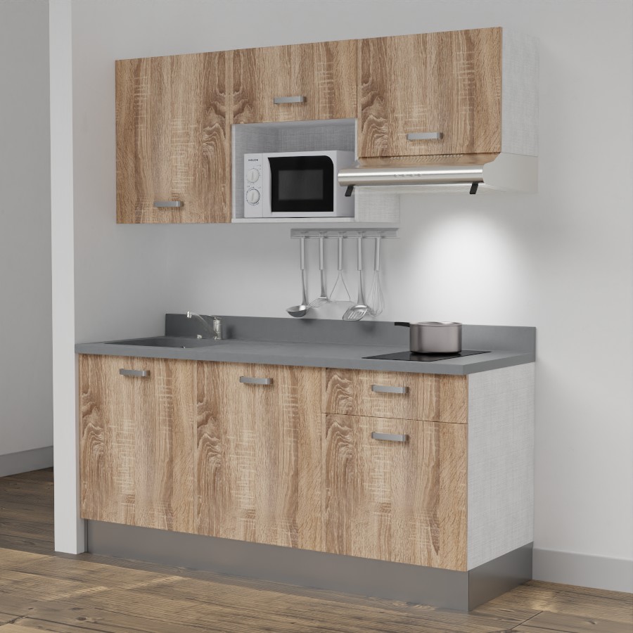 Kitchenette 180 cm K30 avec meubles coloris chêne et plan monobloc évier à gauche cromo