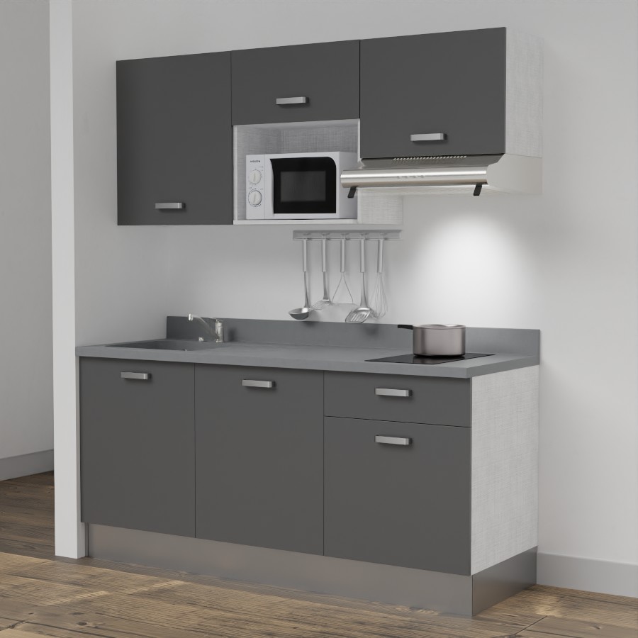 Kitchenette 180 cm K30 avec meubles gris et plan monobloc évier à gauche cromo