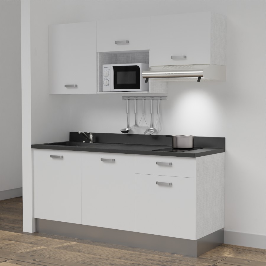 Kitchenette 180 cm K30 avec meubles blanc et plan monobloc évier à gauche néro