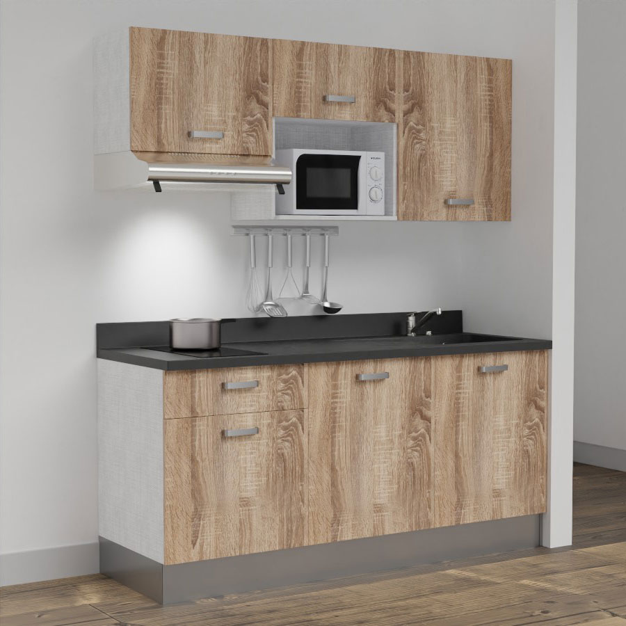 Kitchenette 180 cm K30 avec meubles coloris chêne et plan monobloc évier à droite néro