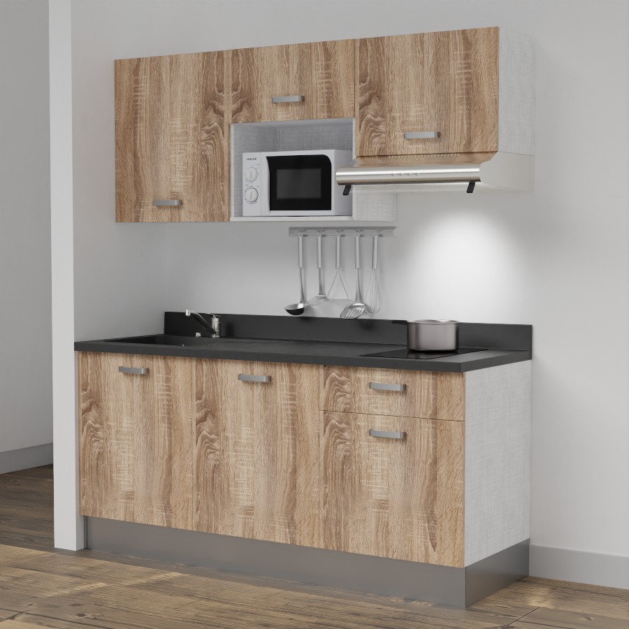 Kitchenette 180 cm K30 avec meubles coloris chêne et plan monobloc évier à gauche néro