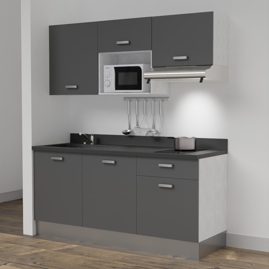 Kitchenette 180 cm K30 avec meubles gris et plan monobloc évier à gauche néro