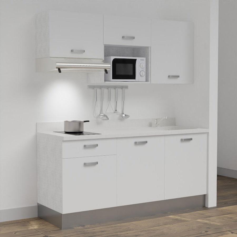 Kitchenette 180 cm K30 avec meubles blanc et plan monobloc évier à droite snova