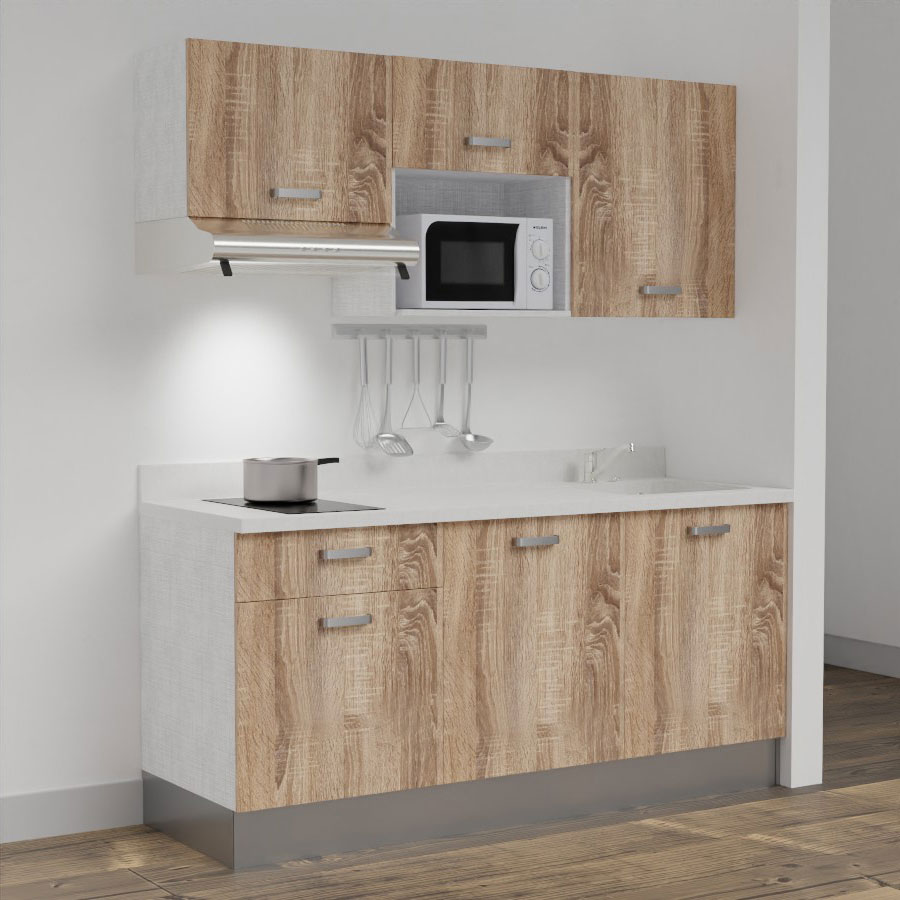 Kitchenette 180 cm K30 avec meubles coloris chêne et plan monobloc évier à droite snova