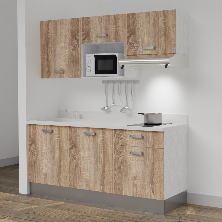 Kitchenette 180 cm K30 avec meubles coloris chêne et plan monobloc évier à gauche snova