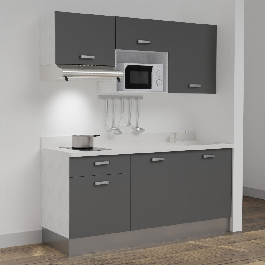 Kitchenette 180 cm K30 avec meubles gris et plan monobloc évier à droite snova