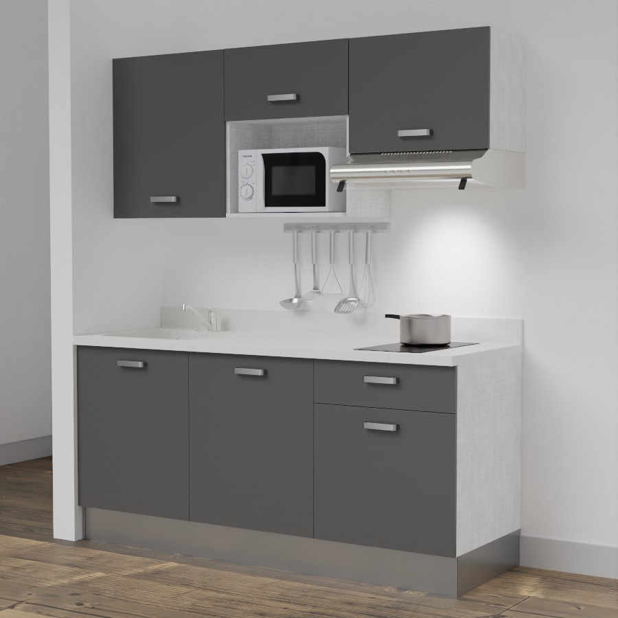 Kitchenette 180 cm K30 avec meubles gris et plan monobloc évier à gauche snova