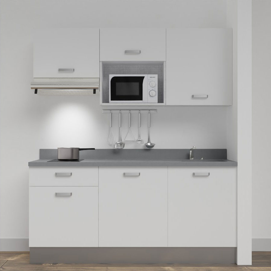 Kitchenette 180 cm K30 avec meubles blanc et plan monobloc évier à droite cromo