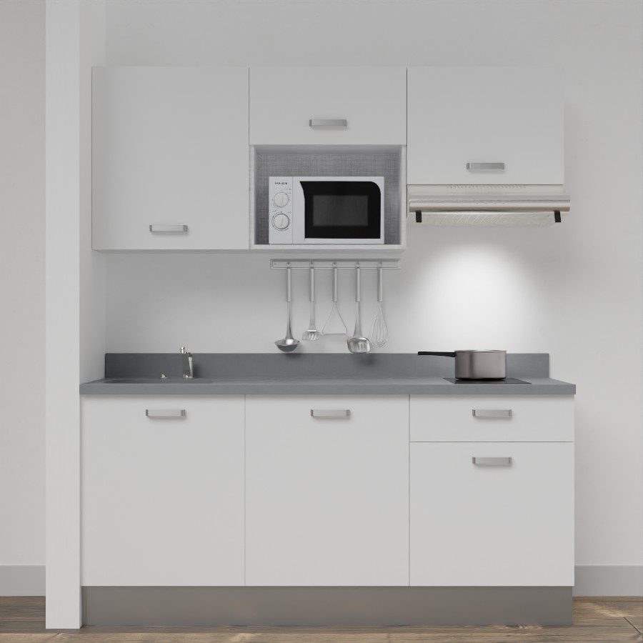 Kitchenette 180 cm K30 avec meubles blanc et plan monobloc évier à gauche cromo