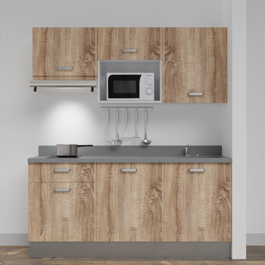 Kitchenette 180 cm K30 avec meubles coloris chêne et plan monobloc évier à droite cromo