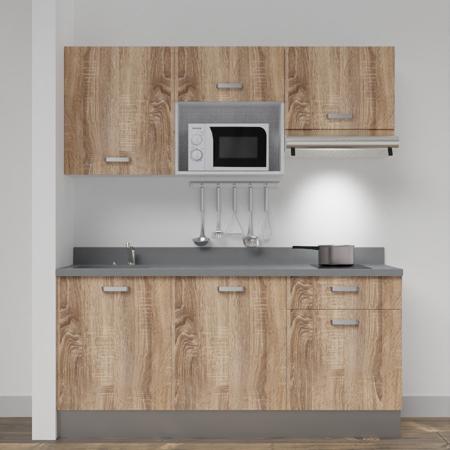Kitchenette 180 cm K30 avec meubles coloris chêne et plan monobloc évier à gauche cromo