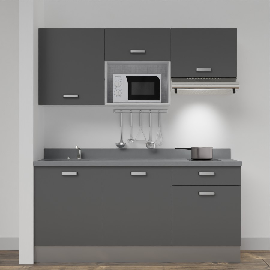 Kitchenette 180 cm K30 avec meubles gris et plan monobloc évier à gauche cromo