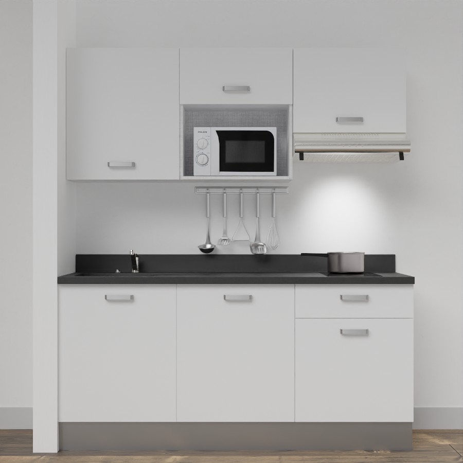 Kitchenette 180 cm K30 avec meubles blanc et plan monobloc évier à gauche néro