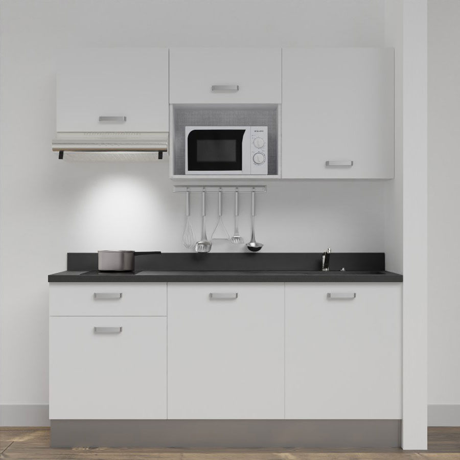 Kitchenette 180 cm K30 avec meubles blanc et plan monobloc évier à droite néro