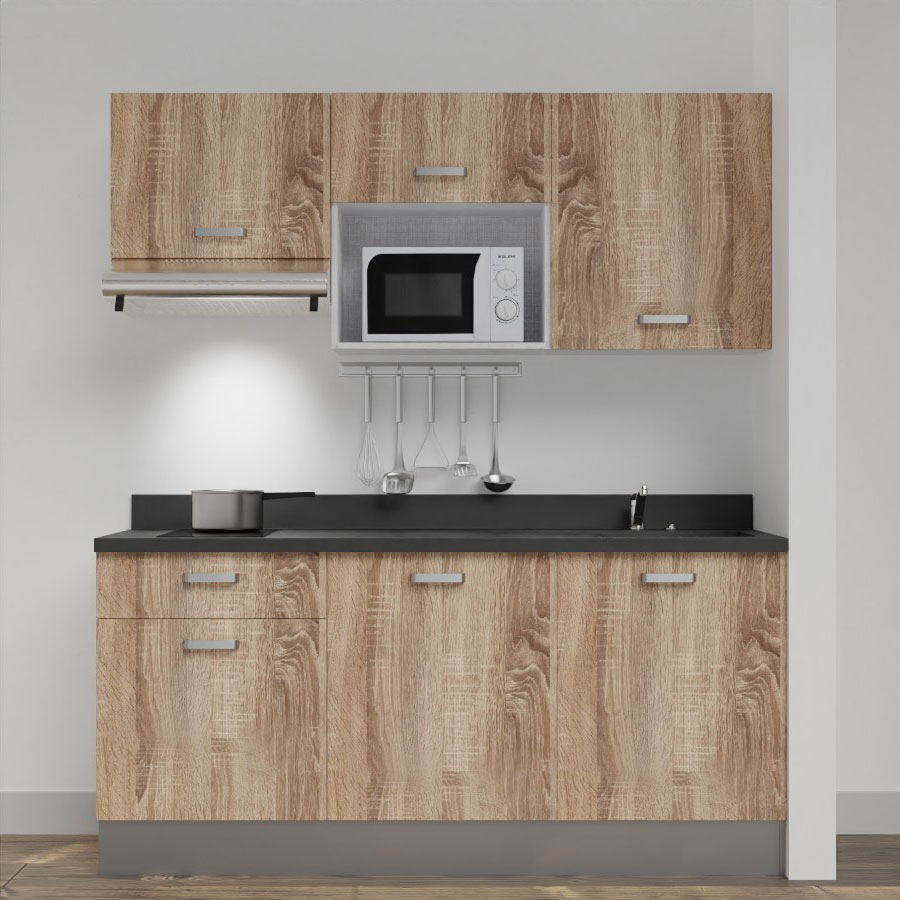 Kitchenette 180 cm K30 avec meubles coloris chêne et plan monobloc évier à droite néro