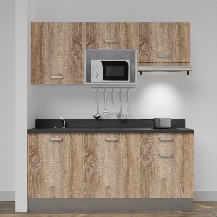 Kitchenette 180 cm K30 avec meubles coloris chêne et plan monobloc évier à gauche néro