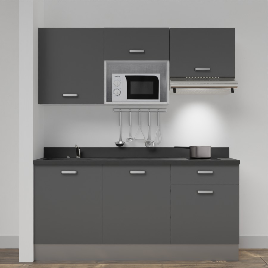 Kitchenette 180 cm K30 avec meubles gris et plan monobloc évier à gauche néro