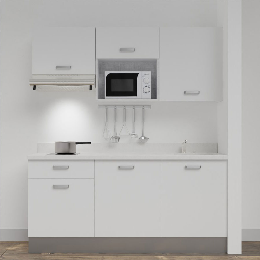 Kitchenette 180 cm K30 avec meubles blanc et plan monobloc évier à droite snova