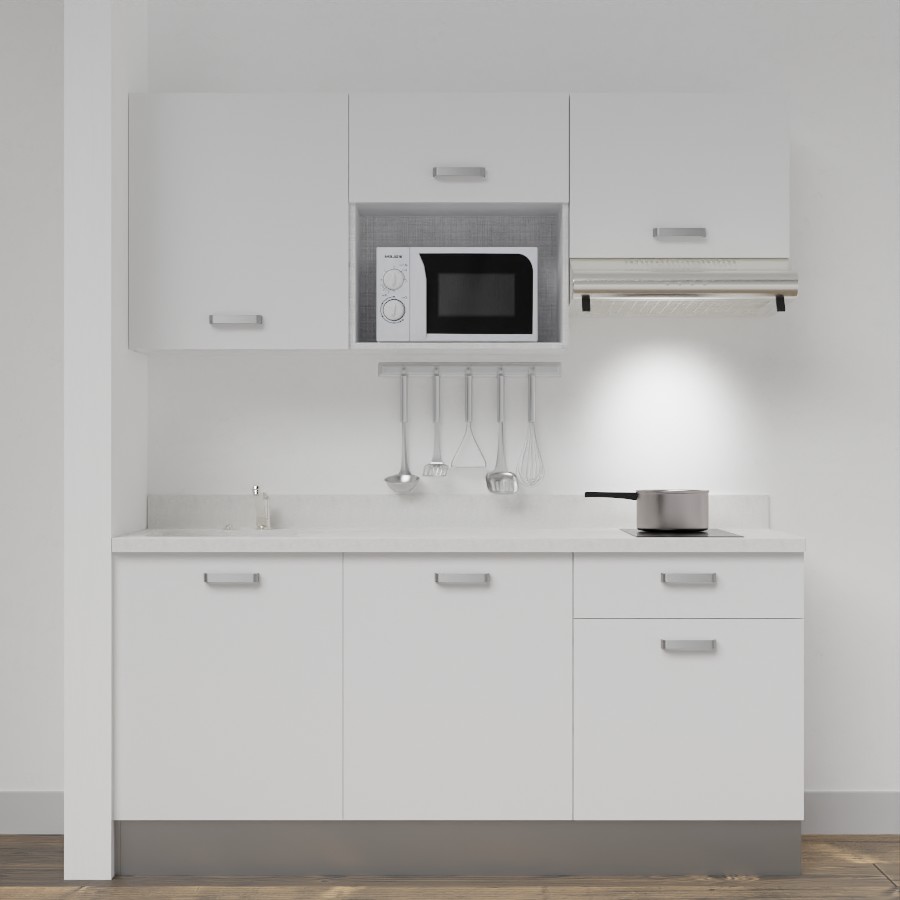 Kitchenette 180 cm K30 avec meubles blanc et plan monobloc évier à gauche snova