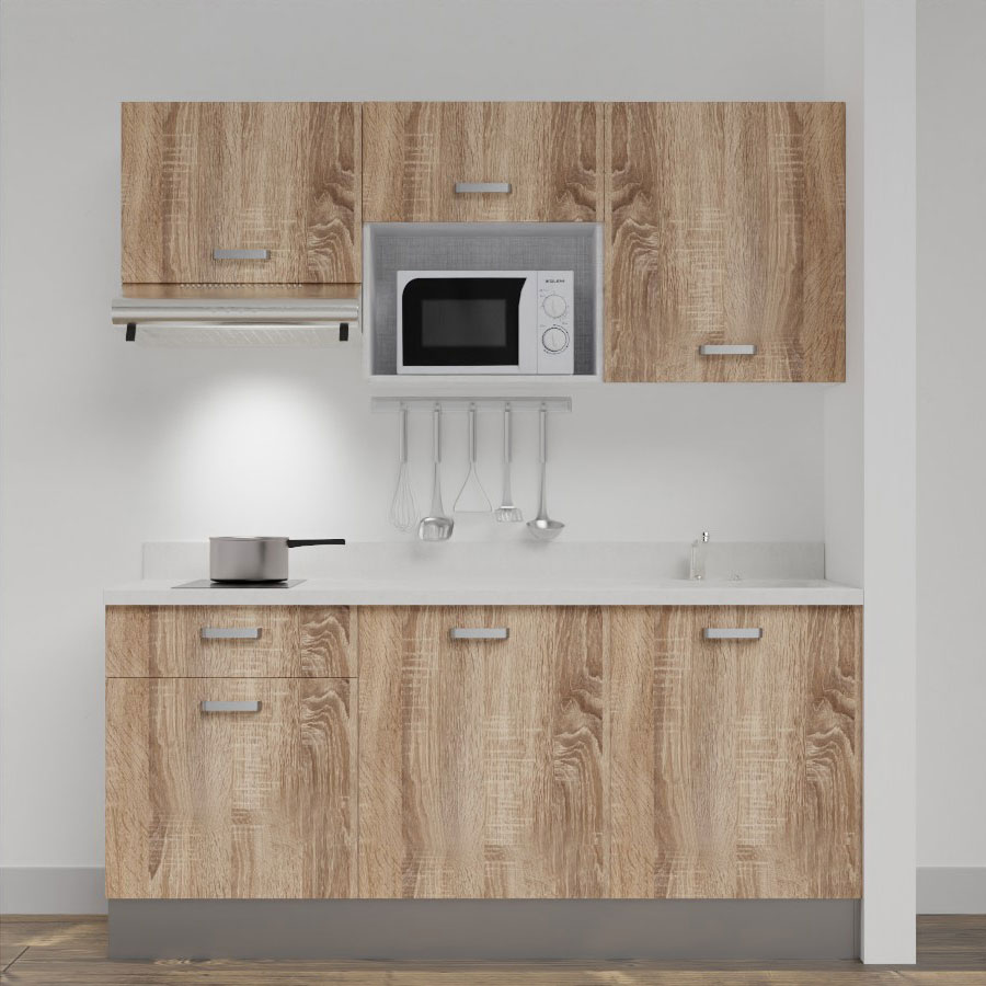 Kitchenette 180 cm K30 avec meubles coloris chêne et plan monobloc évier à droite snova