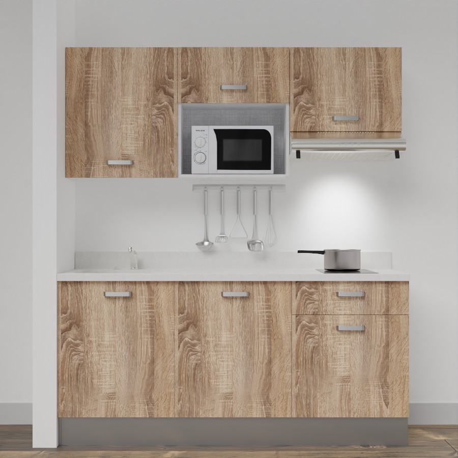 Kitchenette 180 cm K30 avec meubles coloris chêne et plan monobloc évier à gauche snova