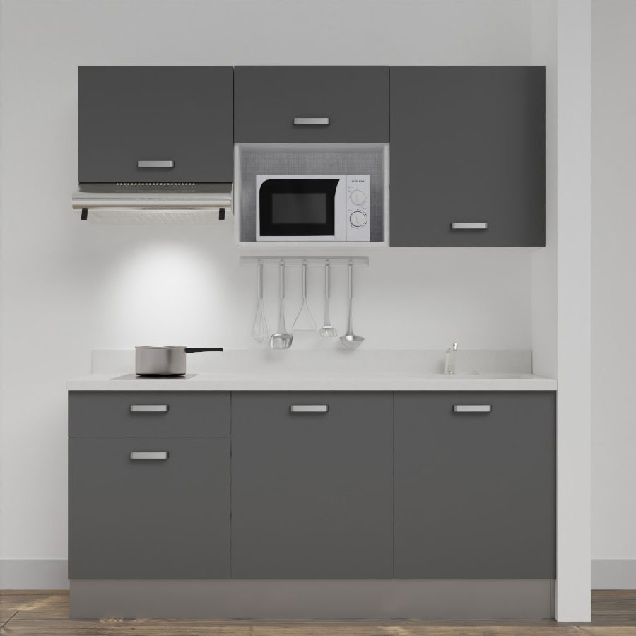 Kitchenette 180 cm K30 avec meubles gris et plan monobloc évier à droite snova