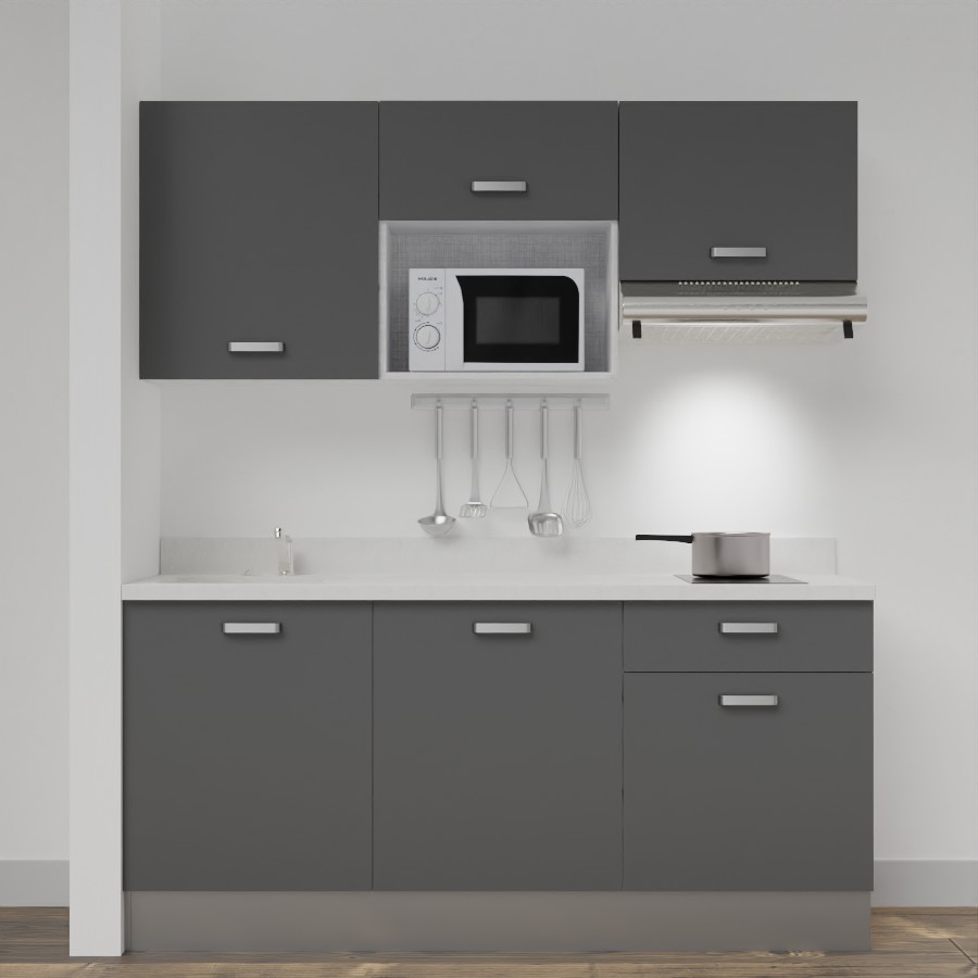 Kitchenette 180 cm K30 avec meubles gris et plan monobloc évier à gauche snova