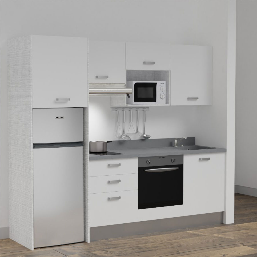 K37L : Kitchenette 240 cm Blanc, plan de travail monobloc évier à droite Cromo