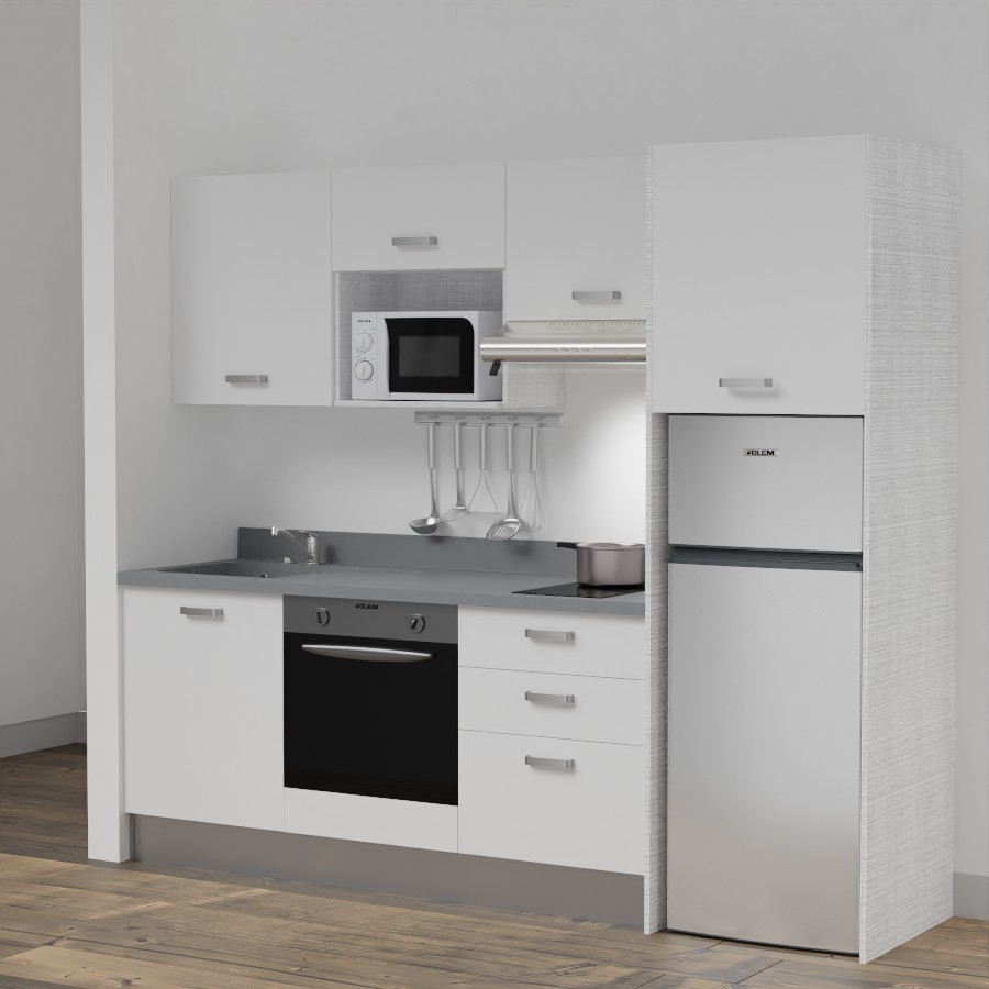 K37L : Kitchenette 240 cm Blanc, plan de travail monobloc évier à gauche Cromo