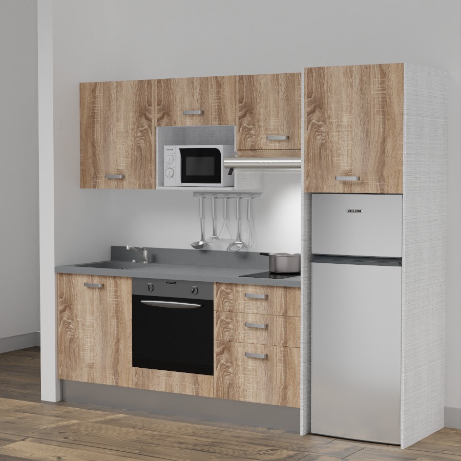 K37L : Kitchenette 240 cm Chêne, plan de travail monobloc évier à gauche Cromo