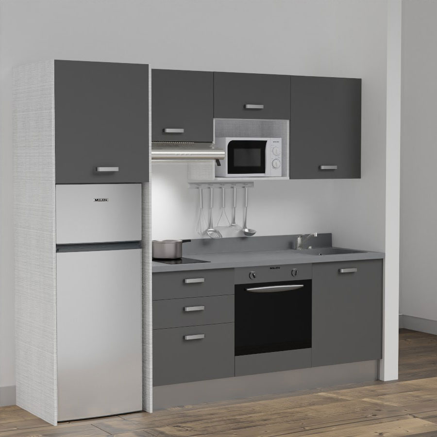 K37L : Kitchenette 240 cm Gris, plan de travail monobloc évier à droite Cromo