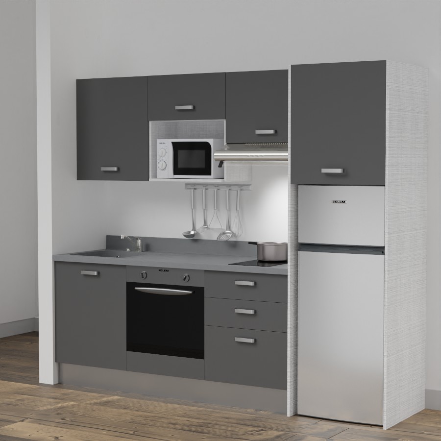 K37L : Kitchenette 240 cm Gris, plan de travail monobloc évier à gauche Cromo