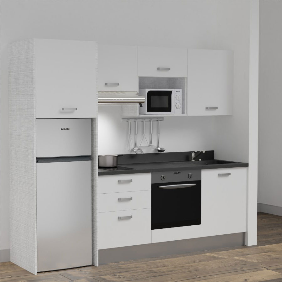 K37L : Kitchenette 240 cm Blanc, plan de travail monobloc évier à droite Nero