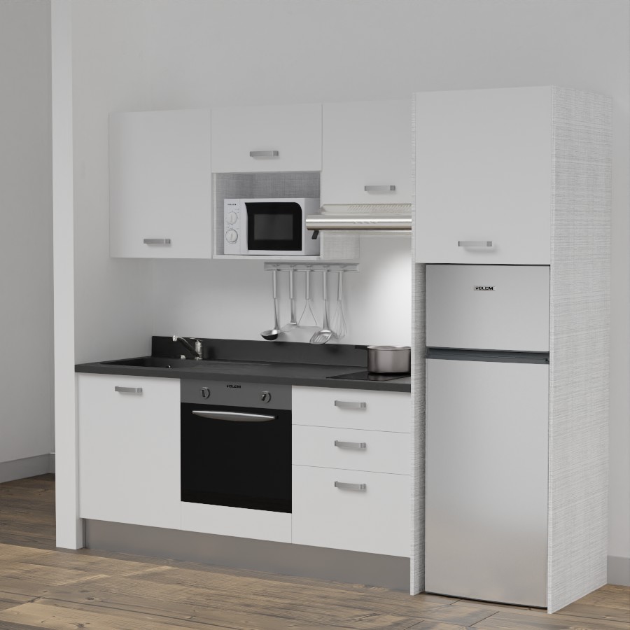 K37L : Kitchenette 240 cm Blanc, plan de travail monobloc évier à gauche Nero