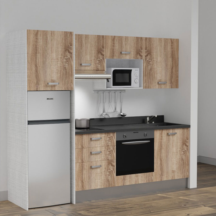 K37L : Kitchenette 240 cm Chêne, plan de travail monobloc évier à droite Nero